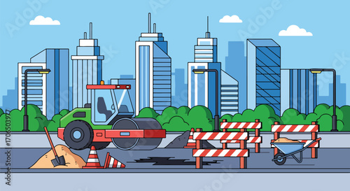 Vector illustration of road repair with asphalt roller, barriers, sand, and tools in urban area, symbolizing construction, infrastructure development, maintenance, and city improvement