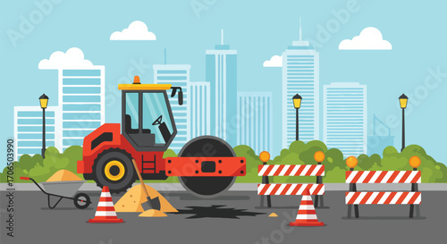 Vector illustration of road repair with asphalt roller, barriers, sand, and tools in urban area, symbolizing construction, infrastructure development, maintenance, and city improvement