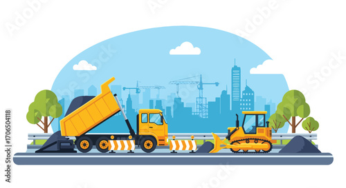 Vector illustration of road construction with dump truck and bulldozer working on asphalt paving, symbolizing urban development, infrastructure growth, transportation, and city maintenance