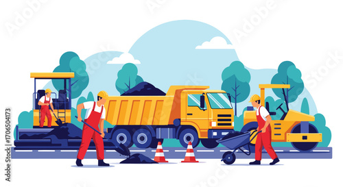 Vector illustration of road construction workers with dump truck and roller paving asphalt, symbolizing teamwork, infrastructure development, transportation, and city maintenance
