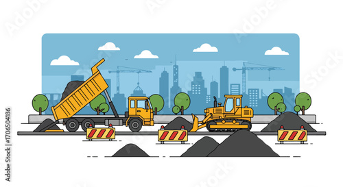 Vector illustration of road construction with dump truck and bulldozer working on asphalt paving, symbolizing urban development, infrastructure growth, transportation, and city maintenance