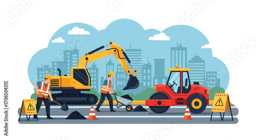 Vector illustration of road construction with workers, excavator, roller, and safety cones in urban setting, symbolizing infrastructure, development, teamwork, and city maintenance