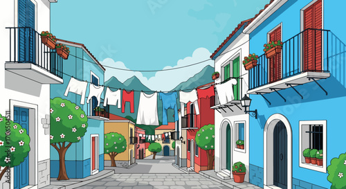 Vector illustration of colorful Mediterranean street with laundry hanging, balconies with flowers, cobblestone path, and mountains in background, symbolizing travel, culture, and charming local