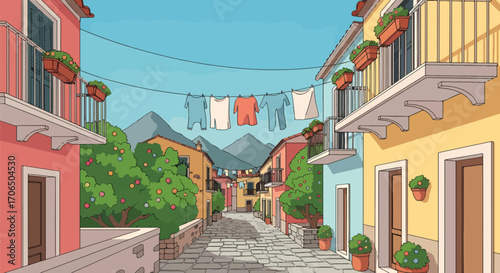 Vector illustration of colorful Mediterranean street with laundry hanging, balconies with flowers, cobblestone path, and mountains in background, symbolizing travel, culture, and charming local