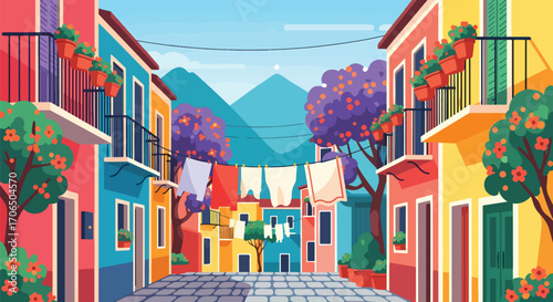 Vector illustration of colorful Mediterranean street with laundry hanging, balconies with flowers, cobblestone path, and mountains in background, symbolizing travel, culture, and charming local