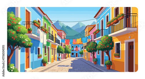 Vector illustration of colorful Mediterranean street with laundry hanging, balconies with flowers, cobblestone path, and mountains in background, symbolizing travel, culture, and charming local