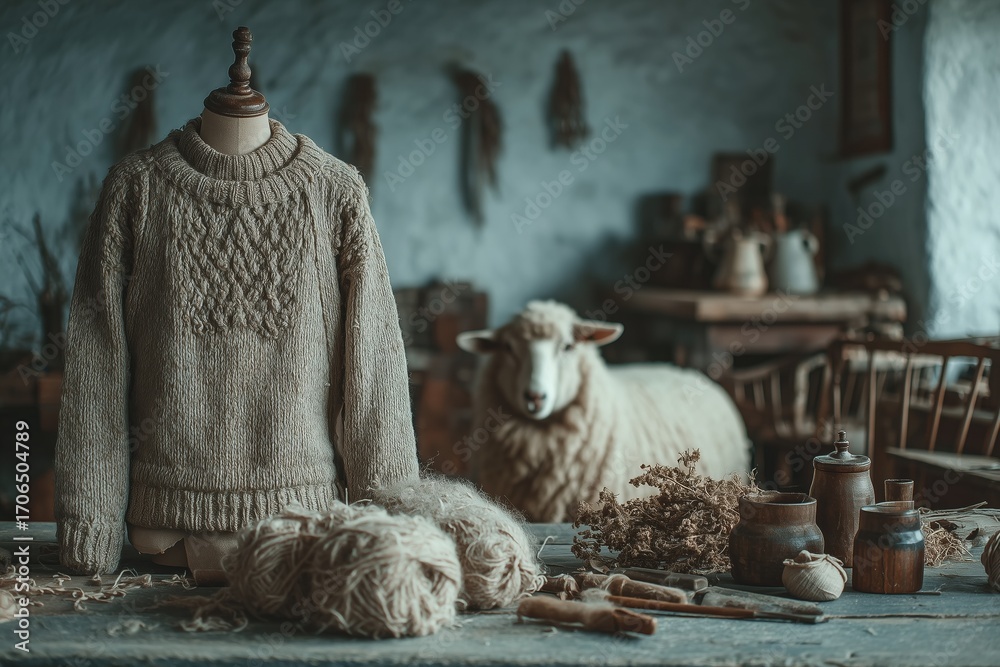 Fototapeta premium Shepherd shearing a sheep and crafting wool into a finished sweater displayed on a mannequin in a rustic workshop