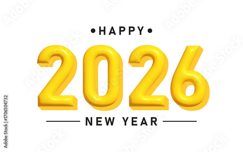 Happy 2026 New Year 3D Text Bold Yellow Typography on White Festive Celebration Graphic PNG