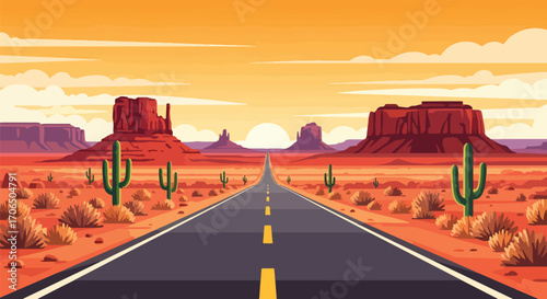 Vector illustration of desert highway with cacti and red rock formations at sunset, symbolizing road trip adventure, travel freedom, American Southwest landscape, and scenic exploration