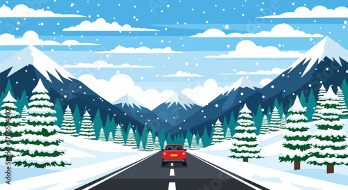 Vector illustration of scenic winter road leading through snowy forest with pine trees and mountains, symbolizing holiday travel, adventure, and nature landscape in cold season