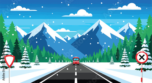 Vector illustration of scenic winter road leading through snowy forest with pine trees and mountains, symbolizing holiday travel, adventure, and nature landscape in cold season