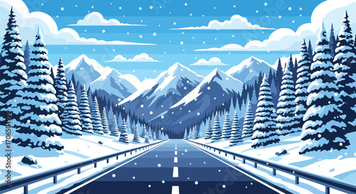 Vector illustration of scenic winter road leading through snowy forest with pine trees and mountains, symbolizing holiday travel, adventure, and nature landscape in cold season