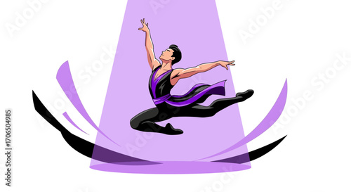 Dynamic Dancer Performing Ballet Under a Spotlight, Artistic Illustration with a Modern Aesthetic