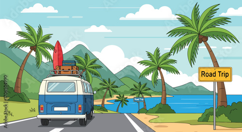 Vector illustration of retro van on tropical road trip with surfboard and luggage, palm trees, ocean, and mountains, symbolizing summer vacation, adventure travel, and freedom