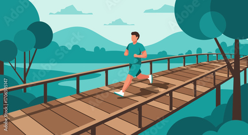Dynamic Runner Crossing Wooden Bridge In Scenic Natural Environment Illustration