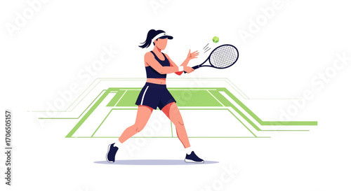 Dynamic Illustration Of Tennis Player In Action, Hitting The Yellow Ball With Racket.