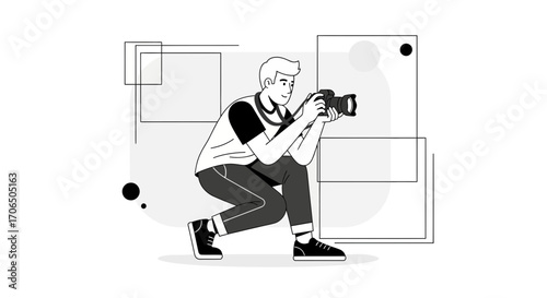 Dynamic Photographer Capturing Unique Moments with His Digital Camera in Visual Composition