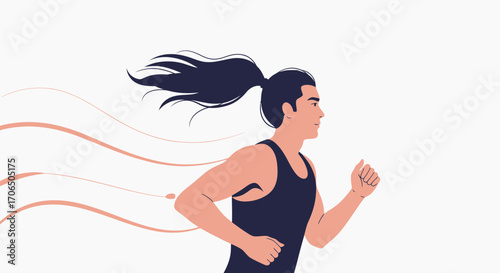 Dynamic Runner With Flowing Hair Depicted in a Vibrant and Minimalist Illustration