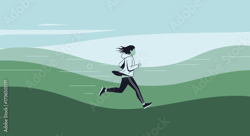Dynamic Runner Sprinting Through Green Landscape in Abstract Minimalistic Illustration