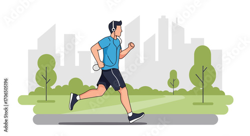Dynamic Runner Engaged In Outdoor Cardio With Urban Landscape In Background
