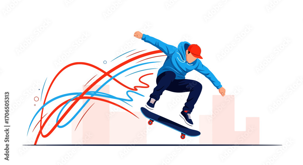 Fototapeta premium Dynamic Skateboarding Scene Depicted in Vibrant Colors With City Silhouette Background