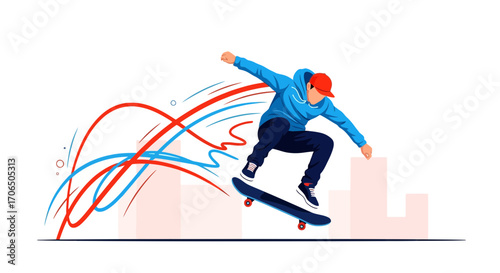 Dynamic Skateboarding Scene Depicted in Vibrant Colors With City Silhouette Background