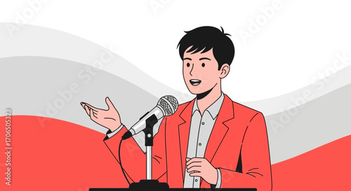 Dynamic Speaker Gesticulating With Microphone During Presentation, Business Conference Event