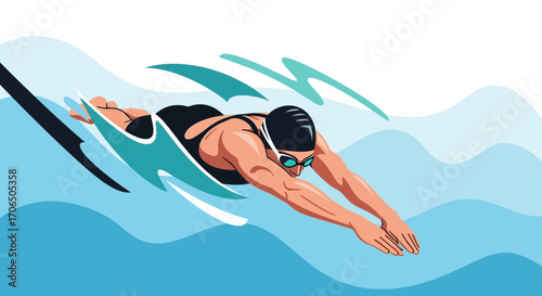 Dynamic Swimmer Gliding Through Water With Streamlined Motion and Aquatic Splendor