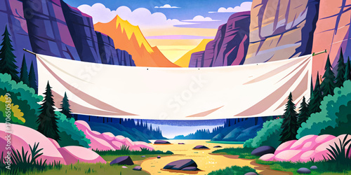 Massive white banner in rocky canyon valley illustration vector, wilderness outdoor mockup, natural landscape, rustic horizon placement, solitude scenic surface, dramatic creative design