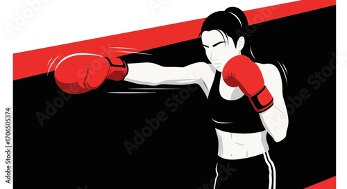 Dynamic Vector Illustration Of A Female Boxer Delivering A Powerful Punch Against Dark Backdrop