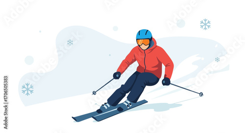 Dynamic Winter Sports Enthusiast Gliding Down Snowy Slope With Speed And Control