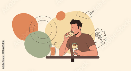 Eating Shawarma With Drink, Flat Illustration Design, Lifestyle Of Modern Man With Food