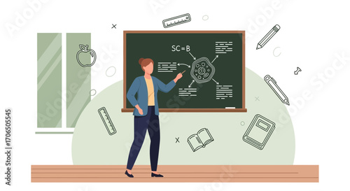 Educator Explaining Cellular Biology on a Blackboard within a Classroom Environment
