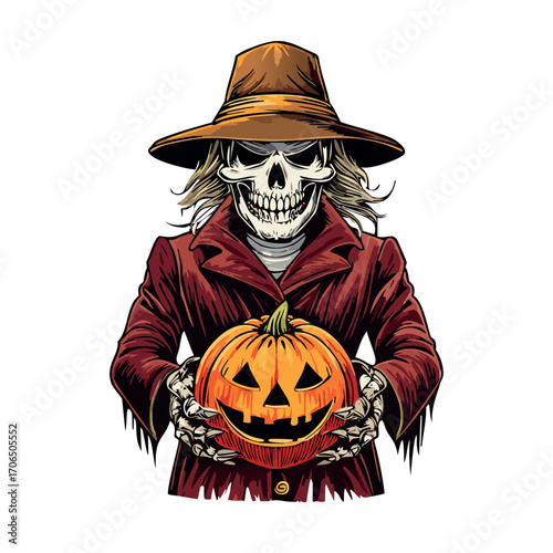 A tattoo style drawing of A creepy scary scarecrow hand holding a creepy scary jack o lantern