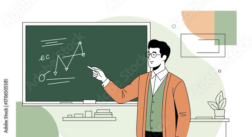 Educator Explaining Mathematical Concepts on a Chalkboard in a Stylish Classroom Setting