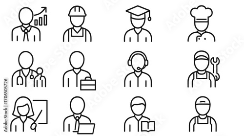 Different professions illustrated through minimalist icons showcasing diverse careers in a modern workplace setting