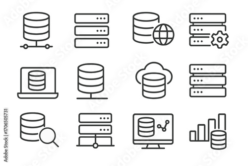 Various icons representing data management, storage, and analysis in a modern technological environment