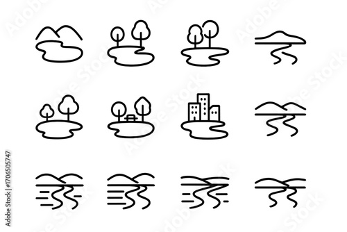 Collection of minimalistic line art depicting landscapes with water, trees, and mountains in various compositions