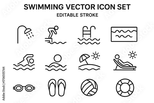 Collection of swimming vector icons featuring various aquatic activities and elements related to swimming pools and outdoor fun