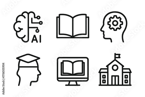 Illustration showcasing elements of artificial intelligence, education, and learning environments with various symbols and icons