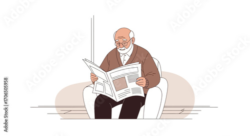 Elderly Gentleman Enjoying Newspaper At Home While Relaxing On A Comfortable Armchair