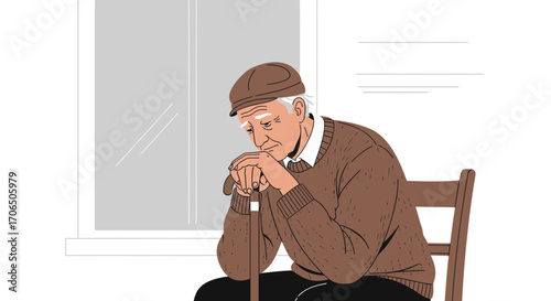 Elderly Gentleman In Contemplative Pose With Walking Stick And Deep Reflection