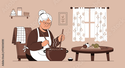 Elderly Woman Cooking a Hearty Meal in a Warm, Cozy Kitchen Setting No special characters