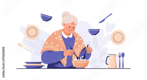Elderly Woman Cooking Fresh Meal In Vector, Serving Food Preparation For Dinner