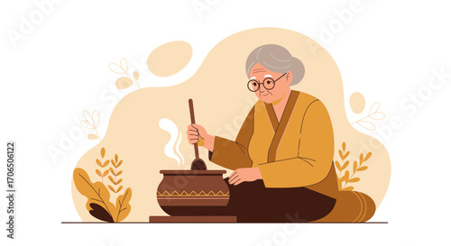 Elderly Woman Cooking Food In A Pot On A Stove Depicted In A Flat Illustration