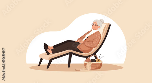 Elderly Woman Enjoying Quiet Time in a Comfortable Chair, Relaxation, and Knitting