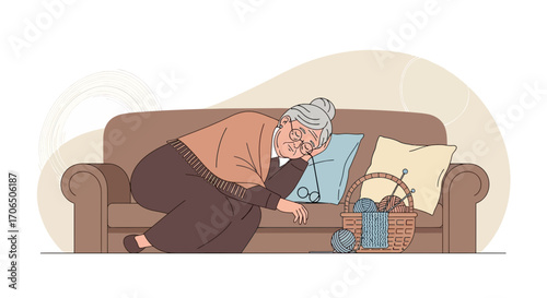 Elderly Woman Napping On Sofa, Knitting Basket Beside Her, Showing Rest and Comfort