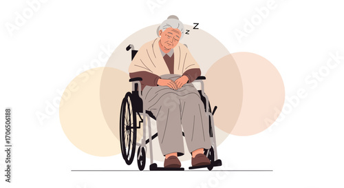 Elderly Woman Napping Peacefully in a Wheelchair with Gentle Circles Background