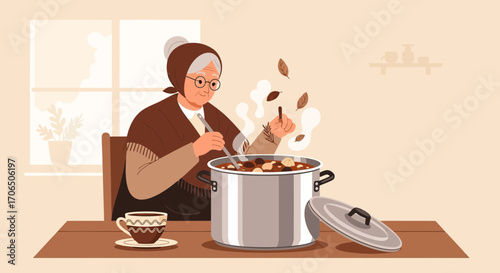 Elderly Woman Preparing a Delicious Meal in a Pot, Cozy Kitchen, Culinary Illustration