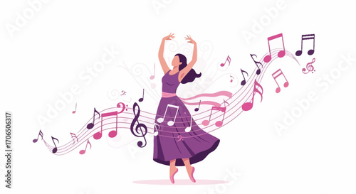 Elegant Ballerina Dances Amidst Musical Notes Creating Beautiful and Harmonious Movement